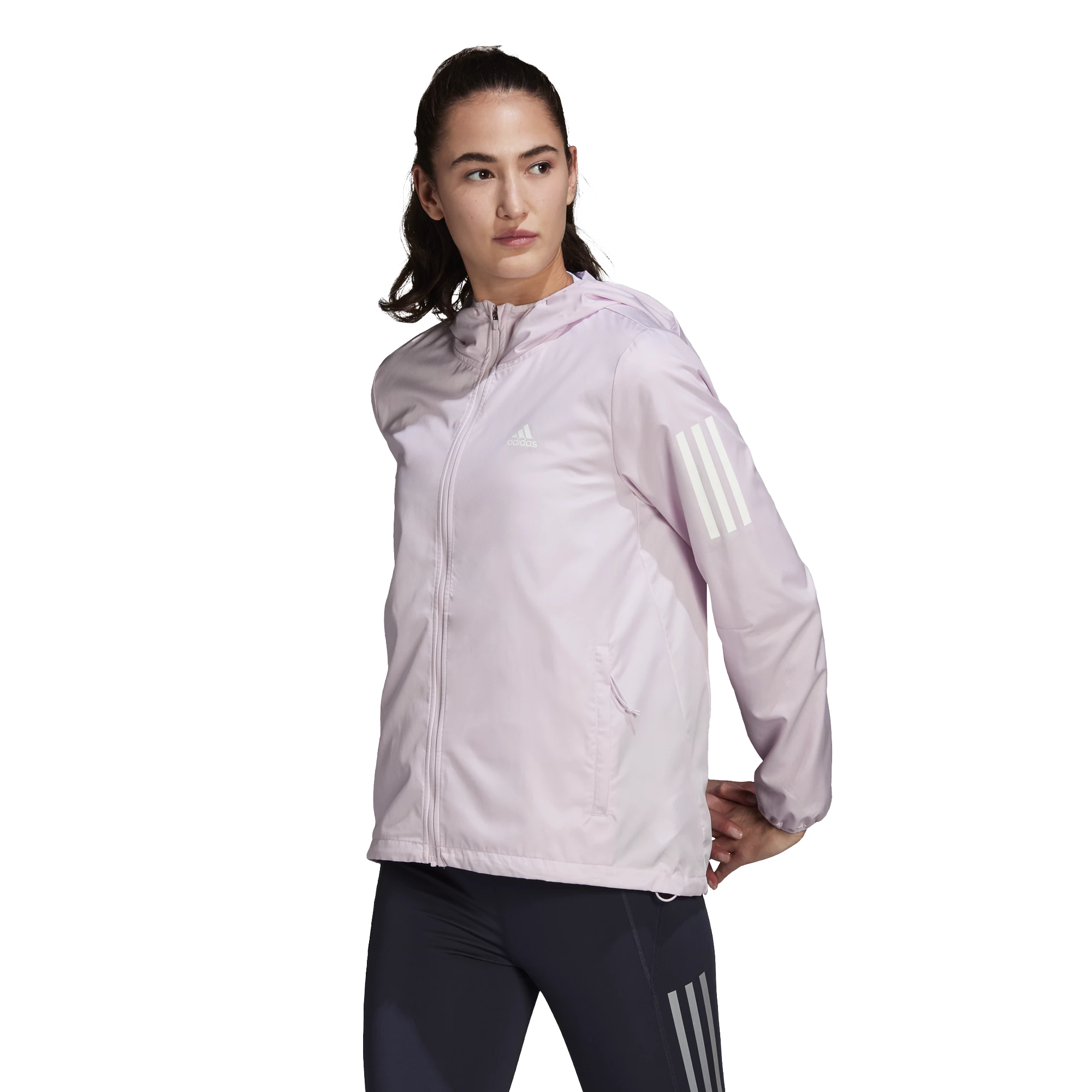 Dames jas adidas Bezit de vlucht Hooded Running Windbreaker Almost Pink