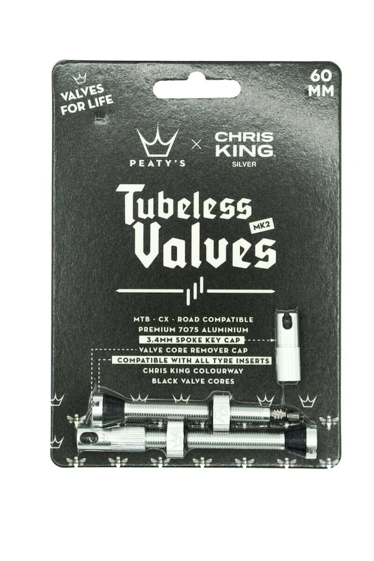 Tubeless ventiel PEATY'S  X chris king (mk2) silver tubeless valves 60mm (ptv2-60-sil-12)
