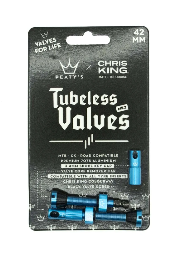Tubeless ventiel PEATY'S  X chris king (mk2) turquoise tubeless valves 42mm (ptv2-42-trq-12)